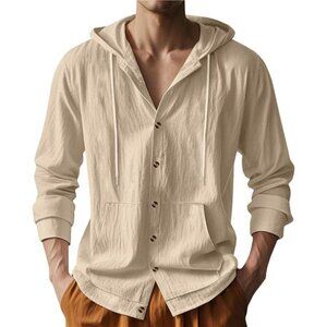 Mens Linen Button Down Hooded Shirt Long Sleeve Beach Casual Lightweight Top